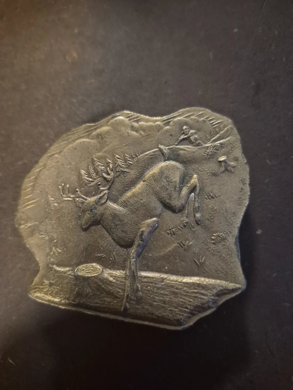 Vintage Solid Brass Leaping Whitetail Buck Deer Forest Scene Belt Buckle 1214